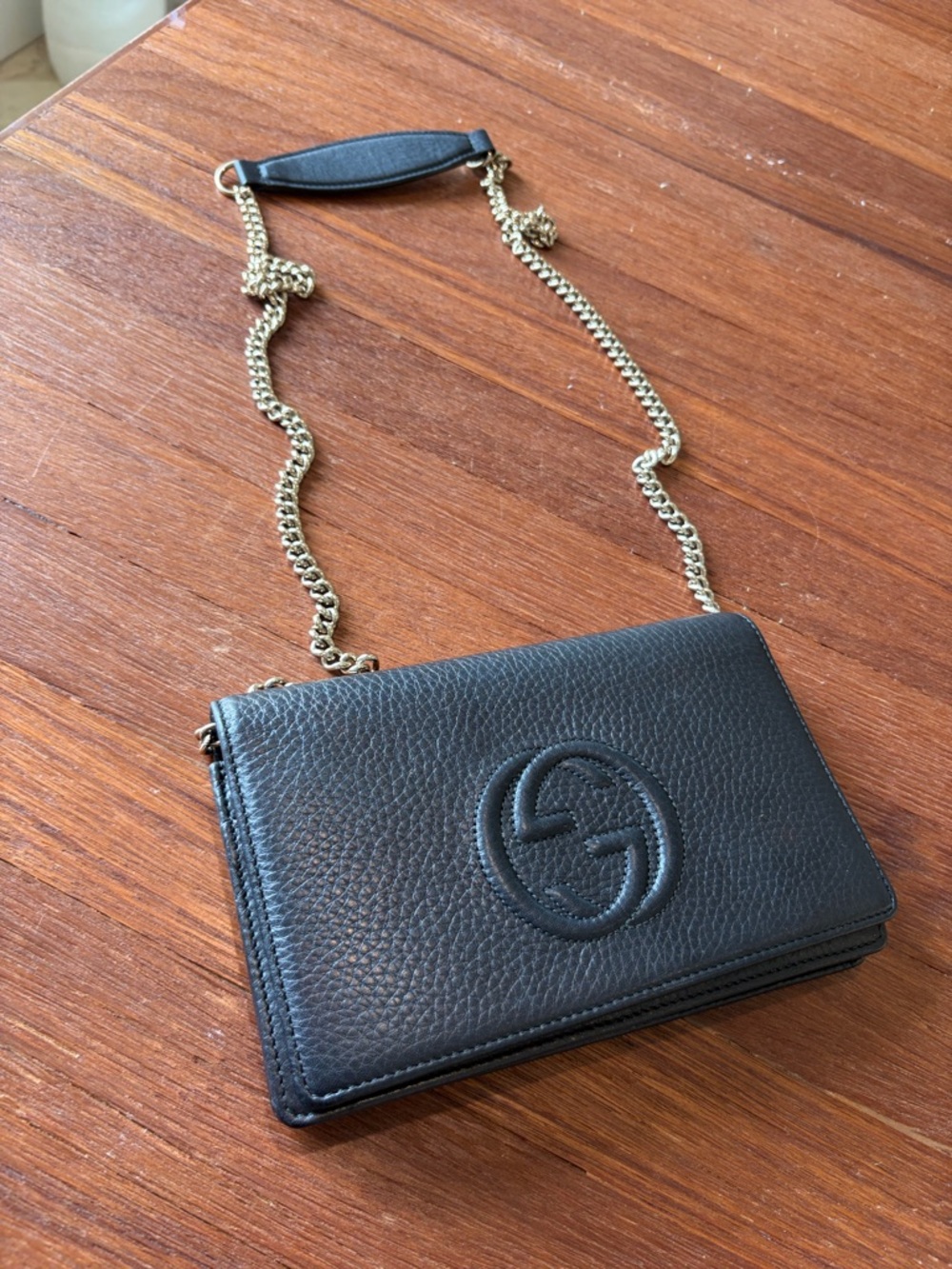 Gucci Black Pebbled Leather Crossbody with Gold Chain Strap